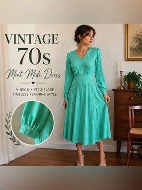 Vintage 70s Mint Midi Dress V Neck • Fit & Flare • Timeless Feminine L